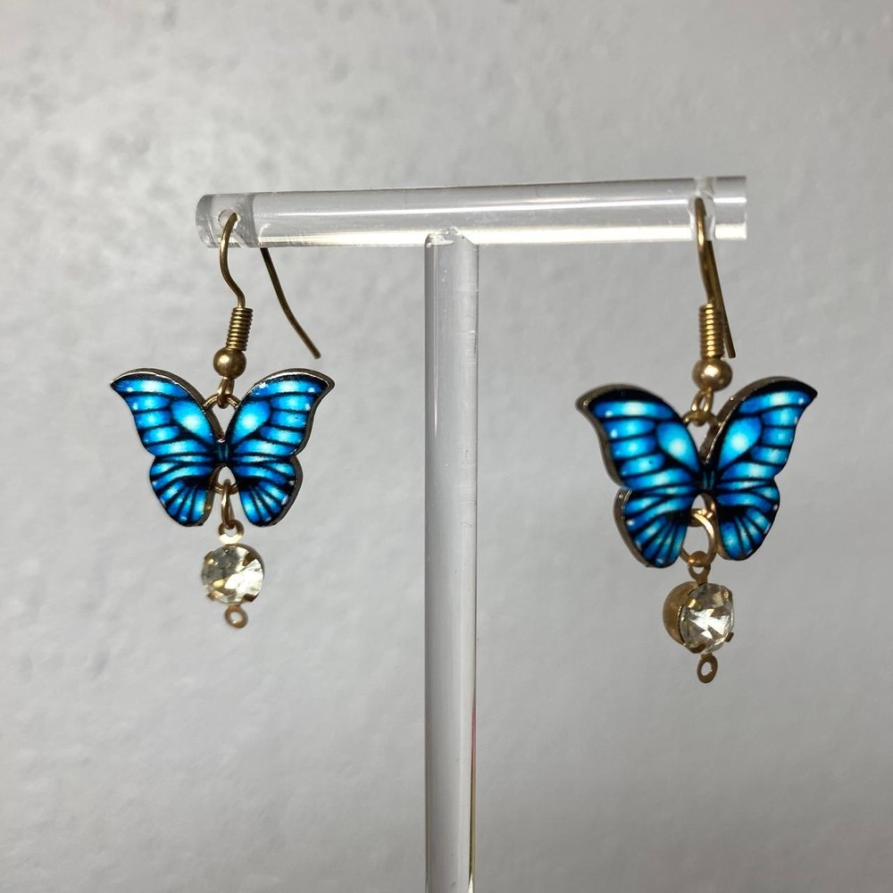 BLUE BUTTERFLY GOLD DROP RHINESTONE EARRINGS
